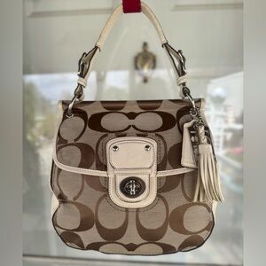 Coach 70th Anniversary Limited Edition Willis Bag, canvas & white leather trim.